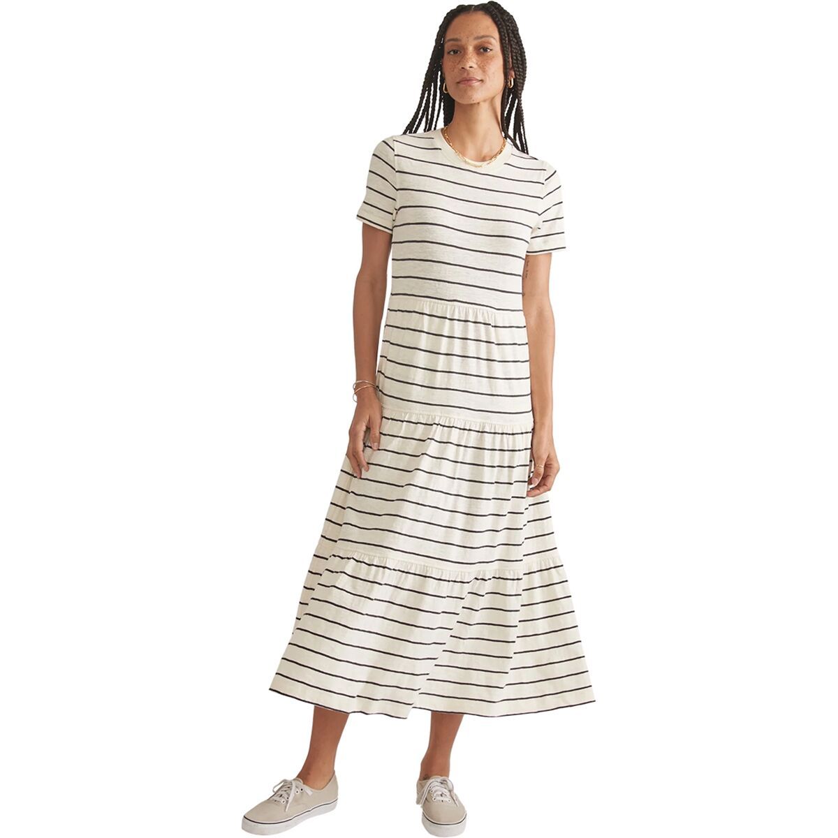 Image of Marine Layer Slub Midi Tier Stripe Dress - Women's Antique White, XS