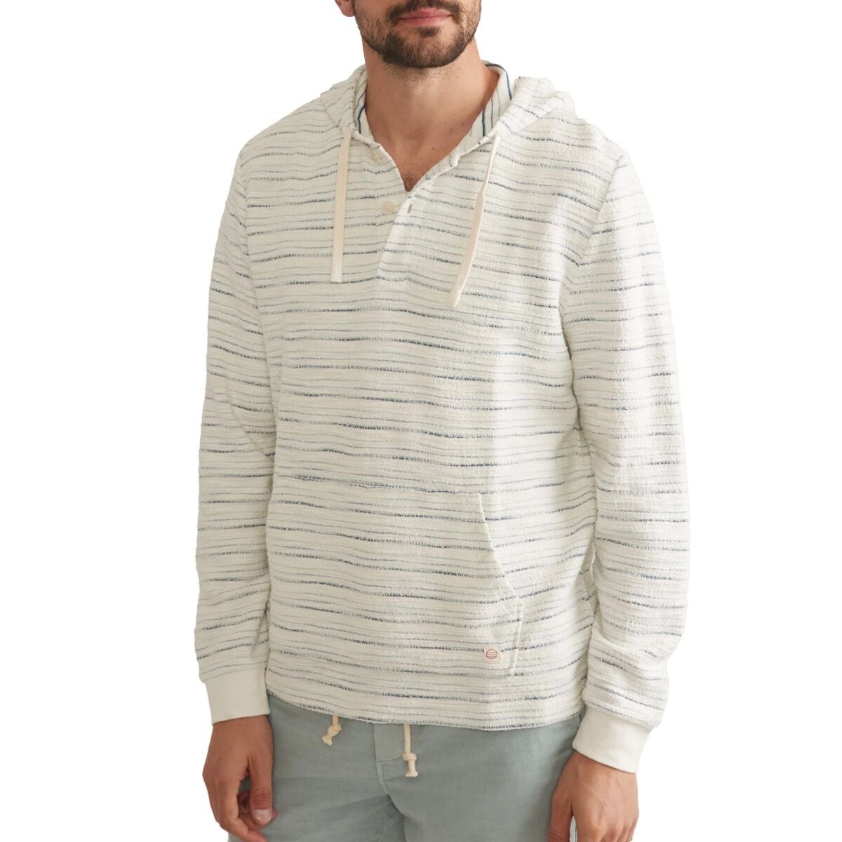 Image of Marine Layer Textured Terry Beach Pullover Hoodie - Men's Natural/Blue Stripe, S