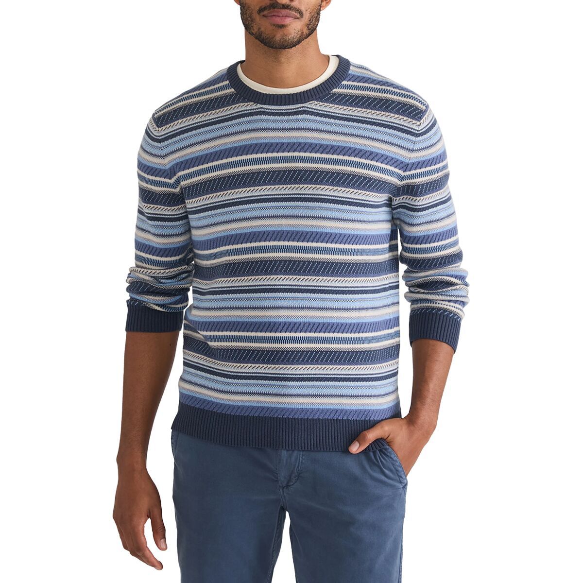 Image of Marine Layer Double Knit Jacquard Crew Sweater - Men's Blue Stripe, L