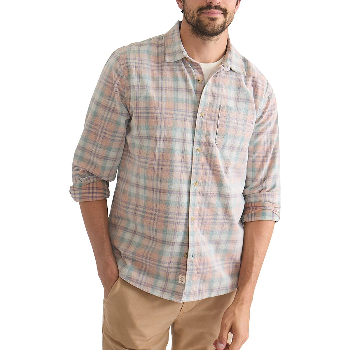 Image of Marine Layer Lightweight Plaid Cord Shirt - Men's Cork Multi Plaid, XL