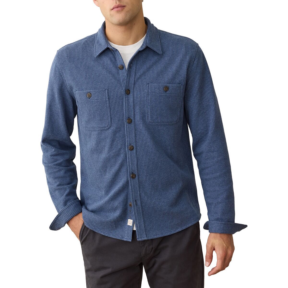 Image of Marine Layer Pacifica Stretch Twill Shirt - Men's Blue Railroad Stripe, XL