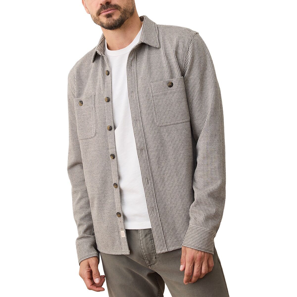 Image of Marine Layer Pacifica Stretch Twill Shirt - Men's Grey Railroad Stripe, L