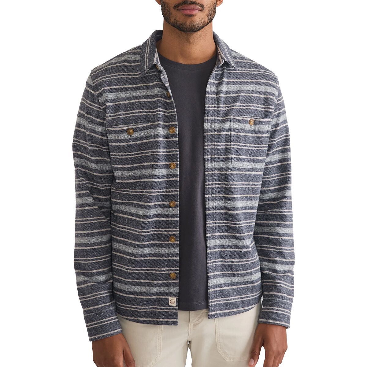 Image of Marine Layer Pacifica Stretch Twill YD Shirt - Men's Navy/Grey Baja Stripe, M