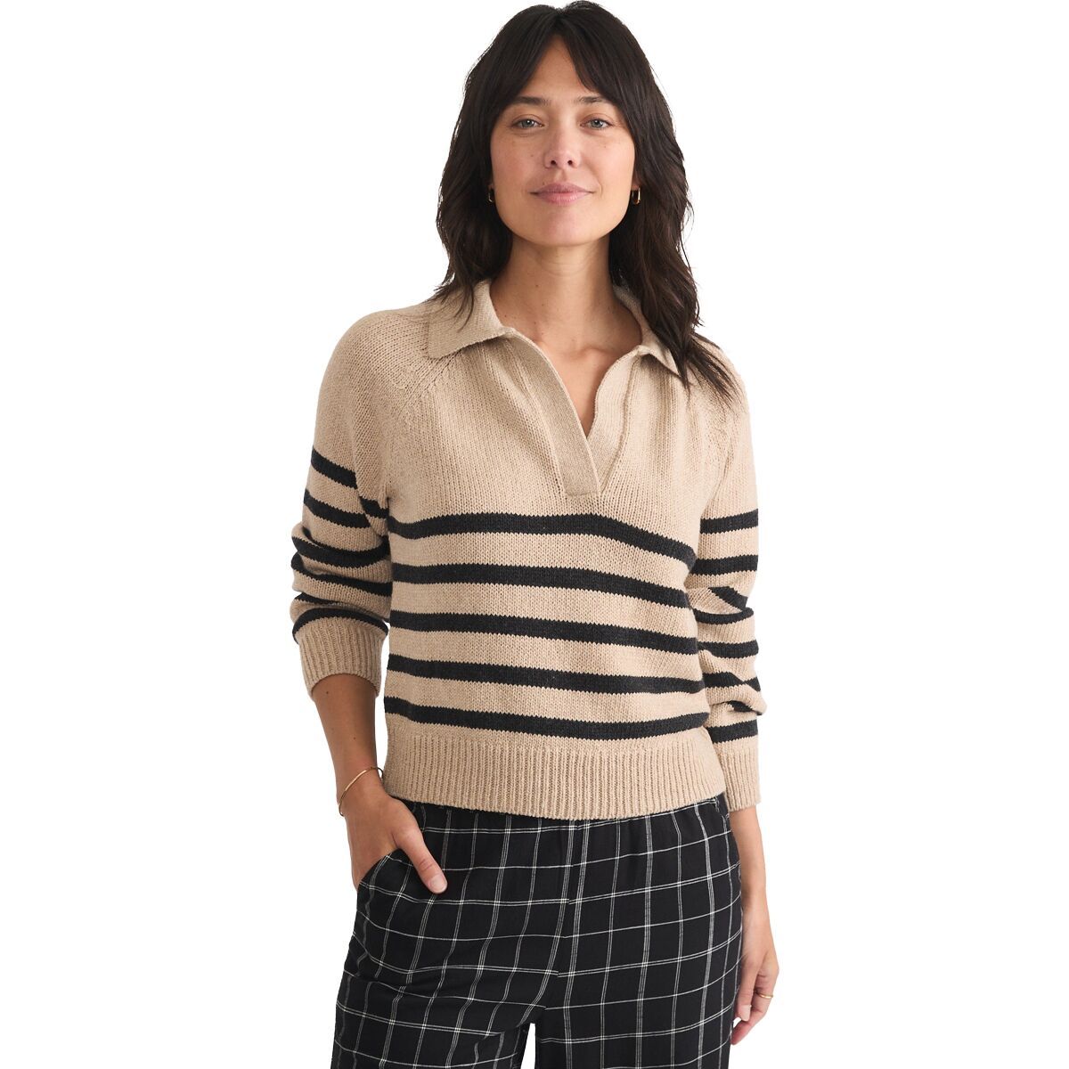 Image of Marine Layer Relaxed Polo Stripe Sweater - Women's Neutral Stripe, L