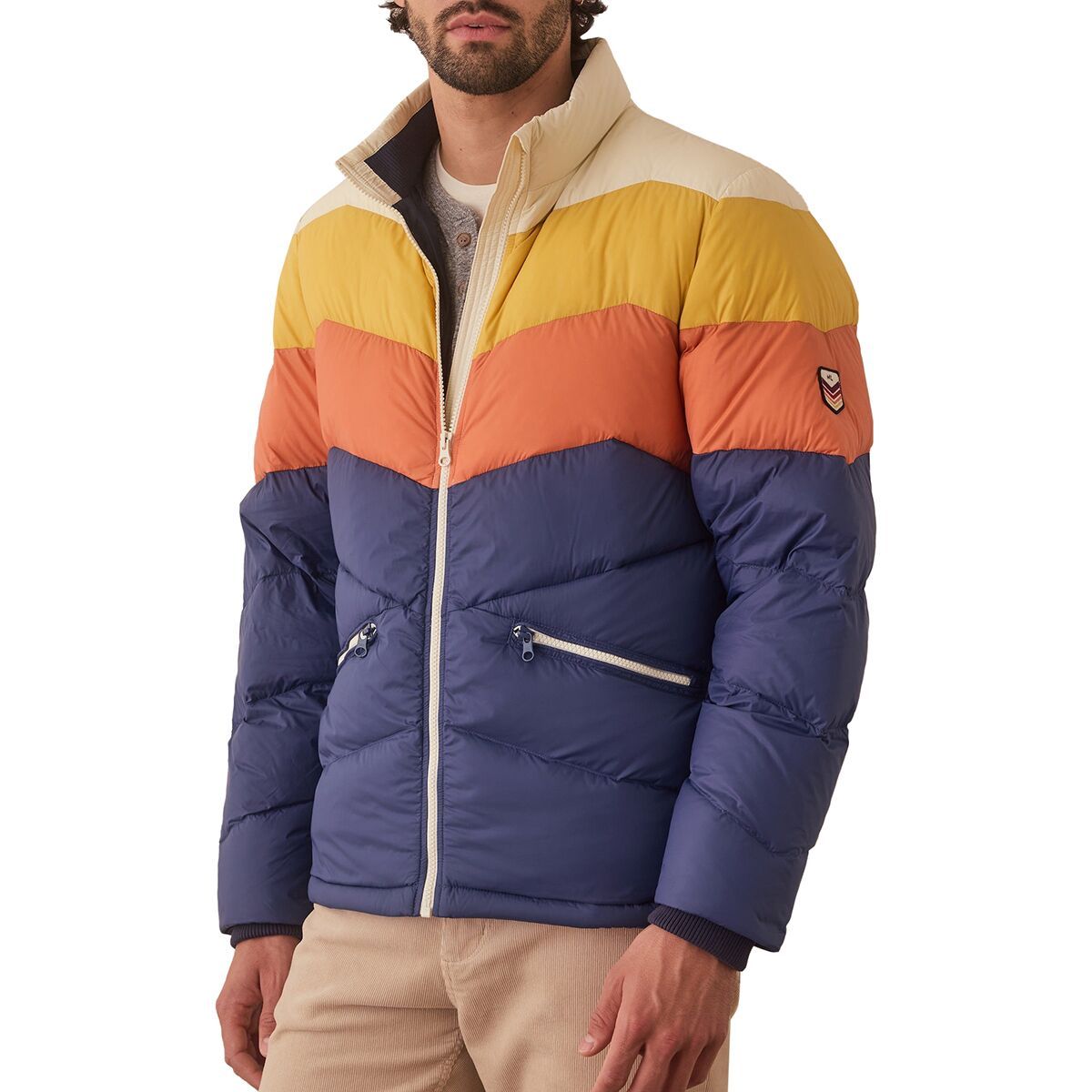 Image of Marine Layer Colorblock Puffer Jacket - Men's Blue/Orange Colorblock, M