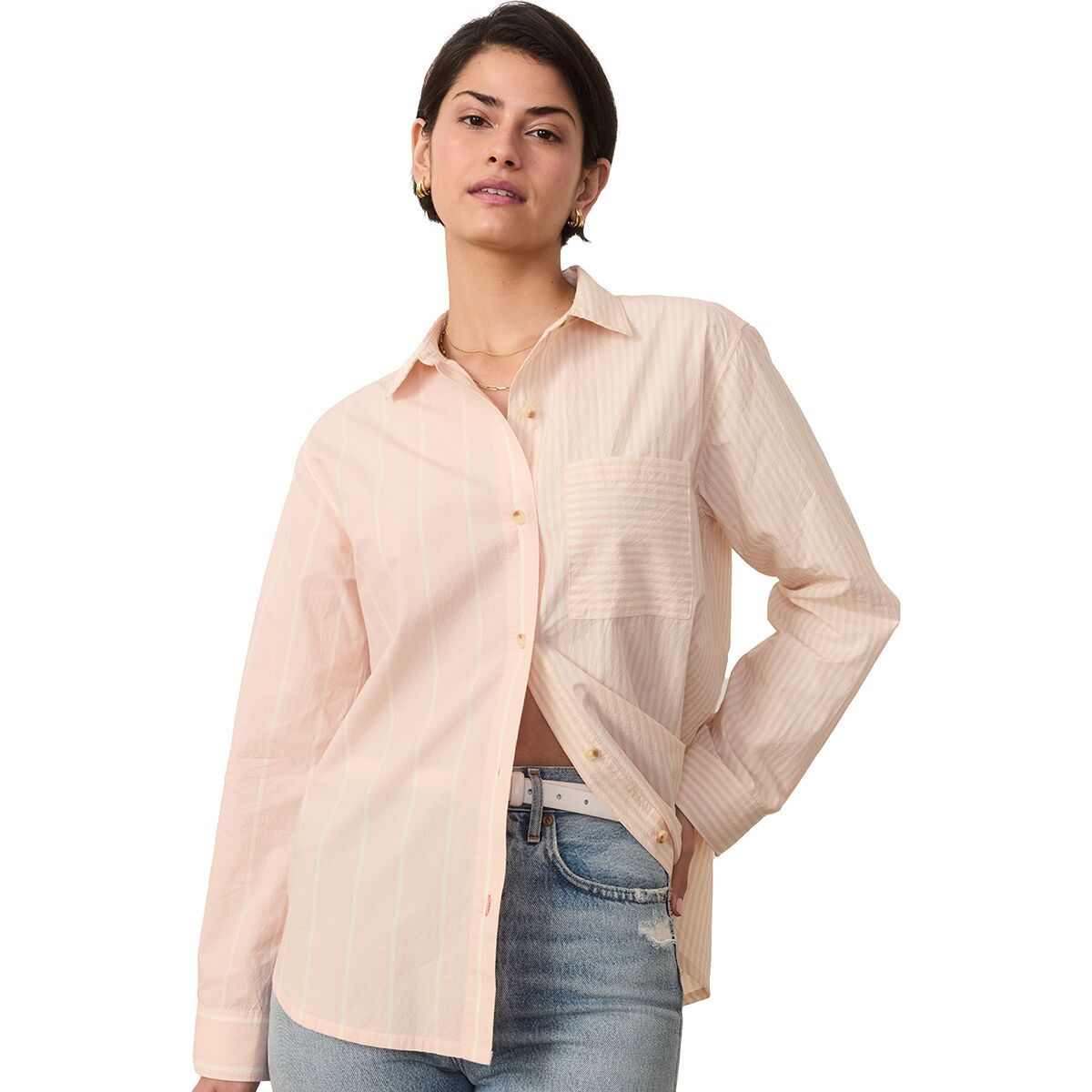 Image of Marine Layer Abbey Poplin Stripe Mixing Shirt - Women's Blush Stripe, M