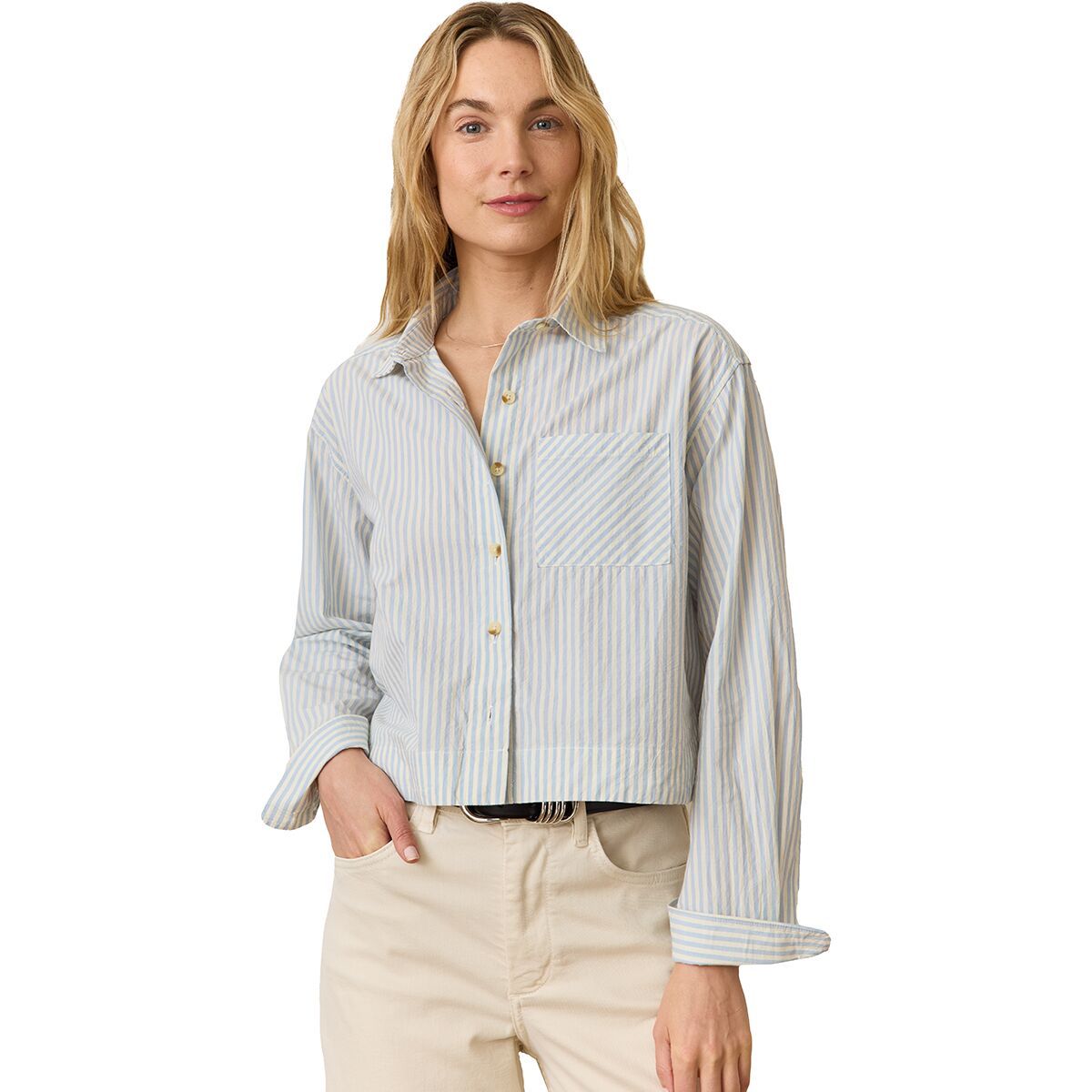 Image of Marine Layer Cropped Poplin Stripe Shirt- Women's Blue Stripe, XL