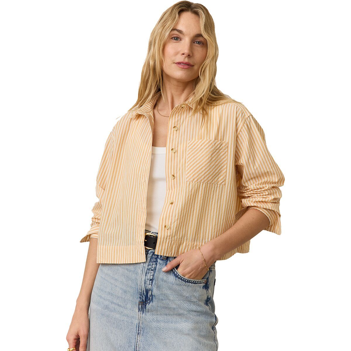 Image of Marine Layer Cropped Poplin Stripe Shirt- Women's Gold Stripe, XL