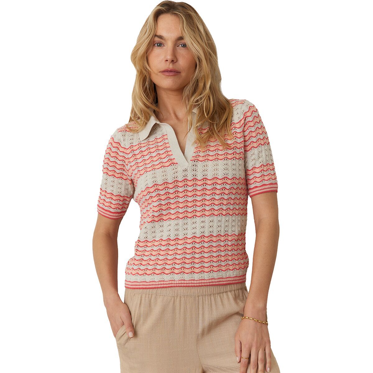 Image of Marine Layer Spencer Polo Stripe Sweater - Women's Pink Sand Stripe, XL