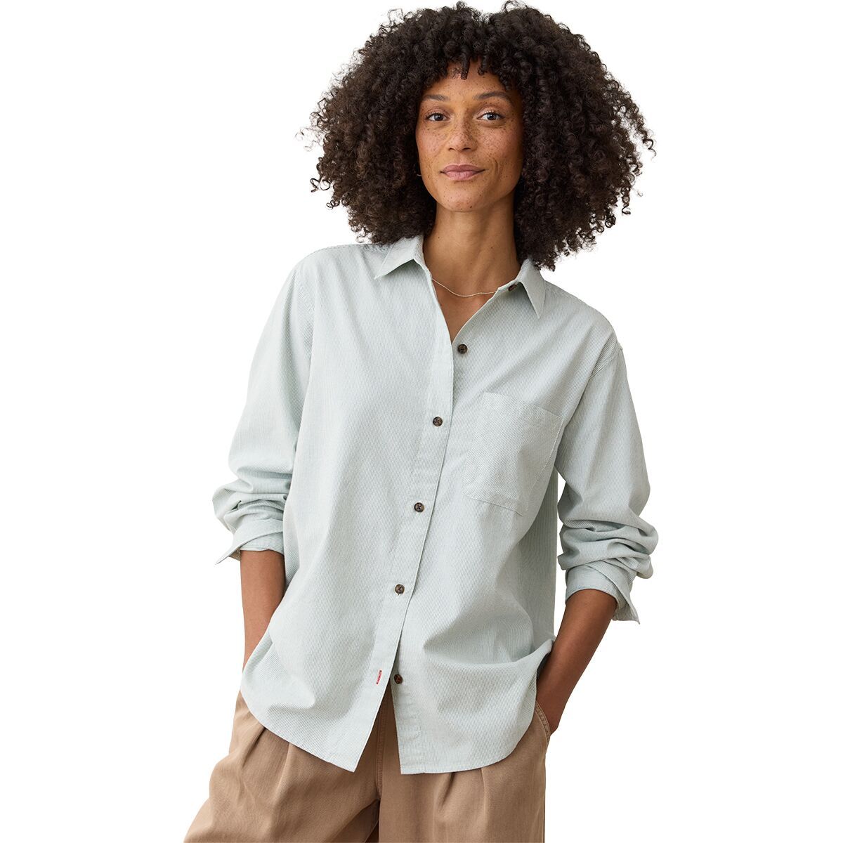Image of Marine Layer Abbey Relaxed Oxford Yarn-Dye Shirt - Women's Green/White Stripe, XL