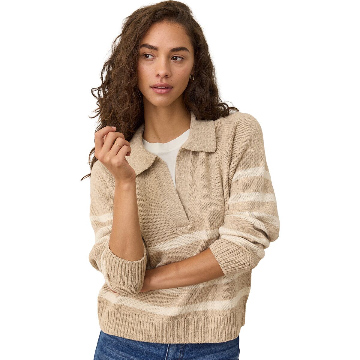 Image of Marine Layer Claire Relaxed Sweater Polo - Women's Oatmeal/Cream Stripe, L