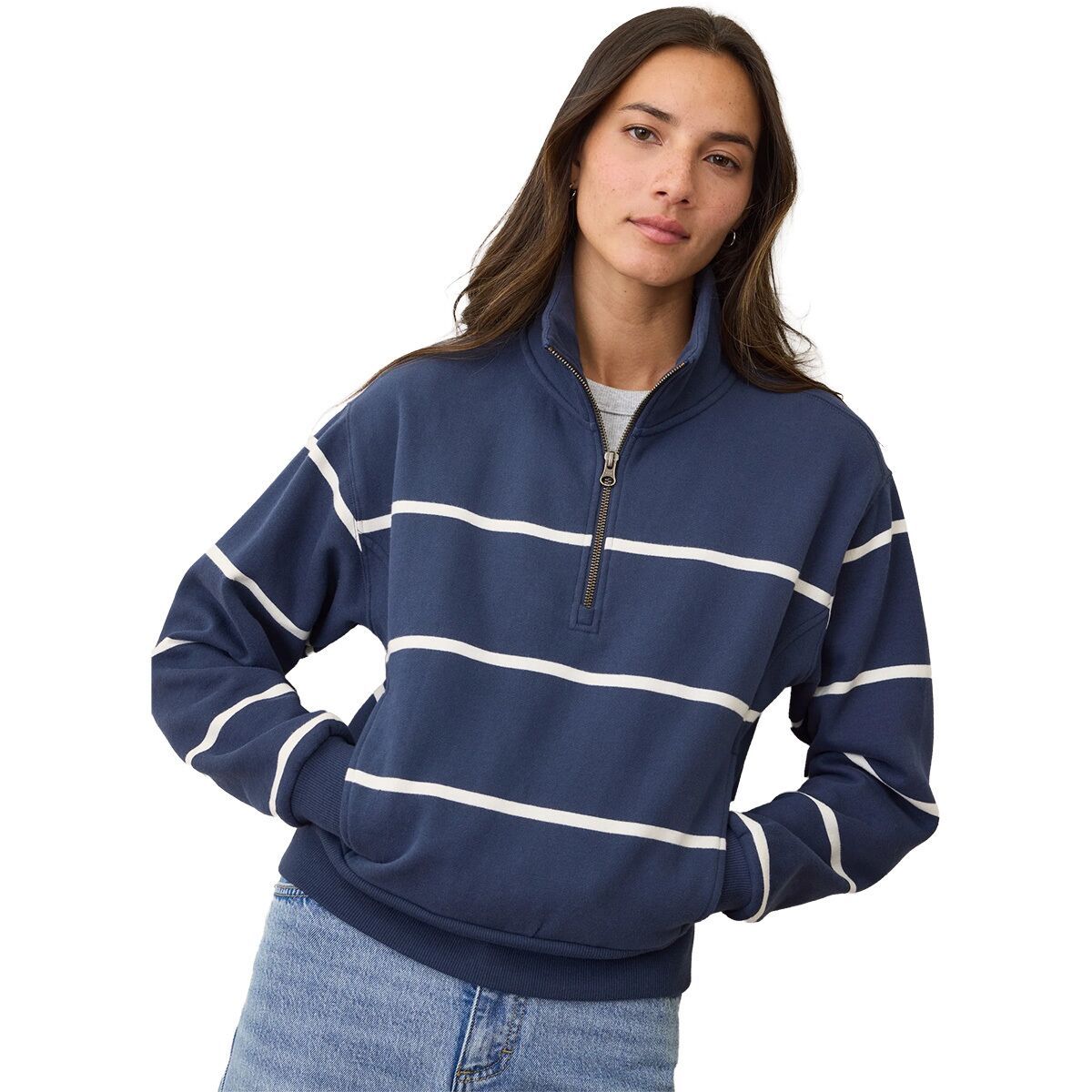 Image of Marine Layer Cloud 9 Stripe Half Zip Sweatshirt - Women's Navy/White Stripe, XL
