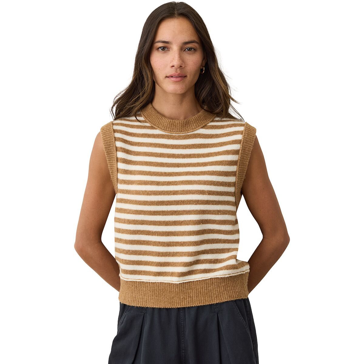 Image of Marine Layer Mid Gauge Stripe Sweater Vest - Women's Camel/White Stripe, S