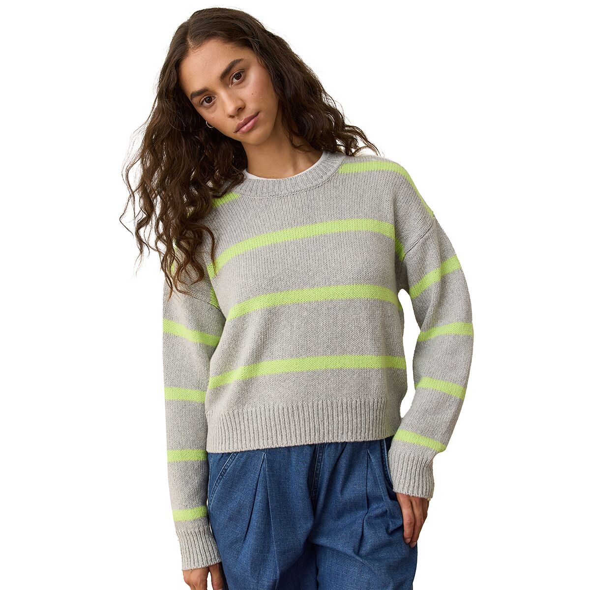 Image of Marine Layer Mirage Stripe Eco Crewneck - Women's Heather Grey/Lime Stripe, XS