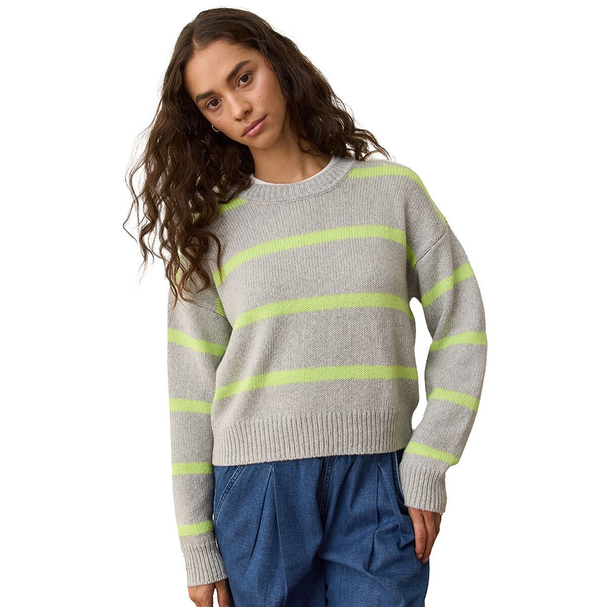 Image of Marine Layer Mirage Stripe Eco Crewneck - Women's Heather Grey/Lime Stripe, S