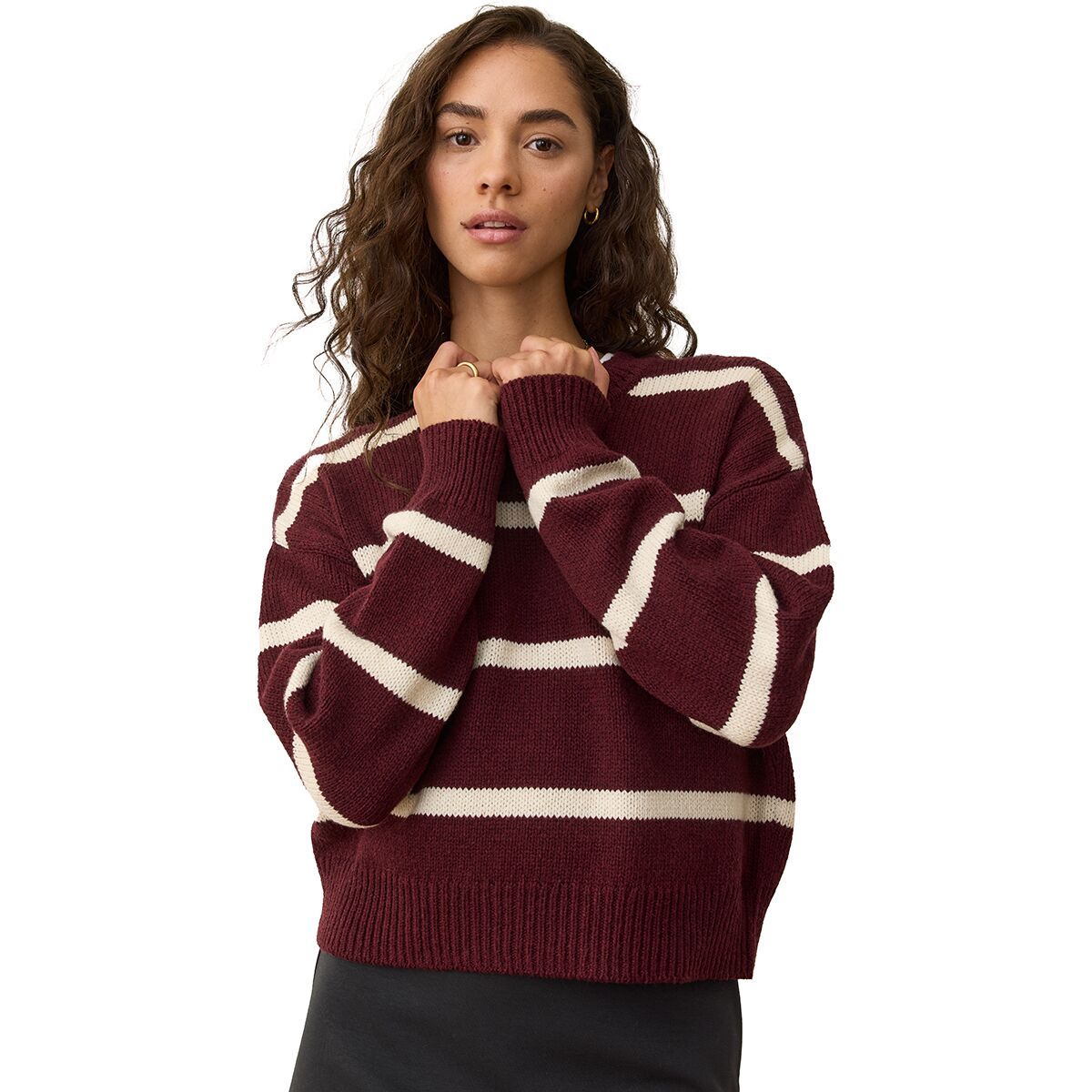 Image of Marine Layer Mirage Stripe Eco Crewneck - Women's Wine/Cream Stripe, M