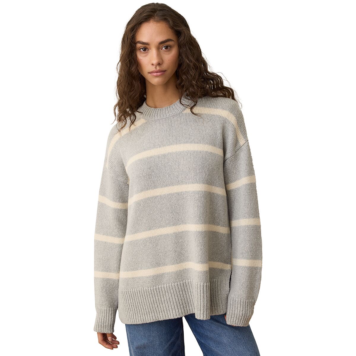Image of Marine Layer Oversized Striped Crewneck Sweater - Women's Heather Grey/White Stripe, M