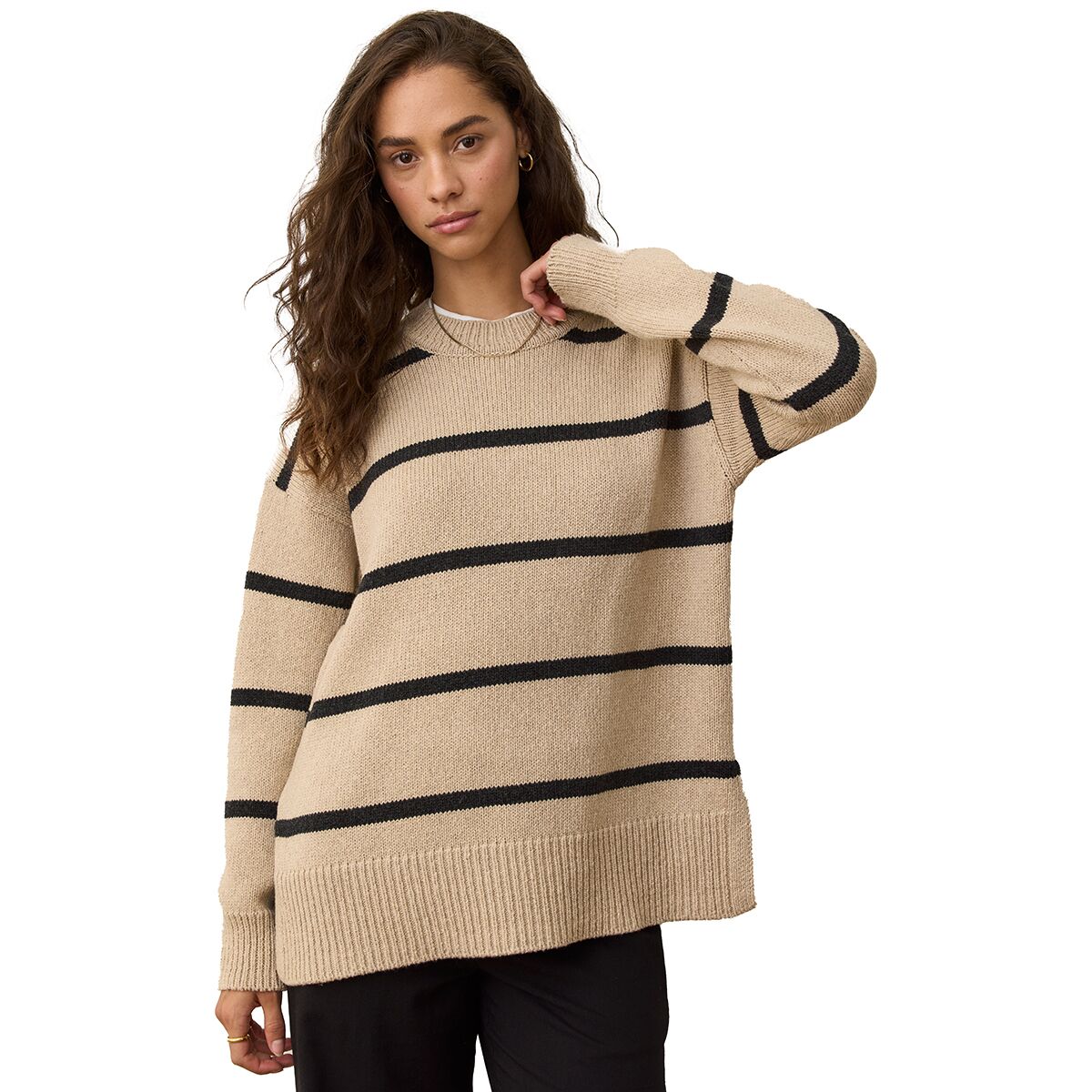 Image of Marine Layer Oversized Striped Crewneck Sweater - Women's Oatmeal/Charcoal Stripe, S