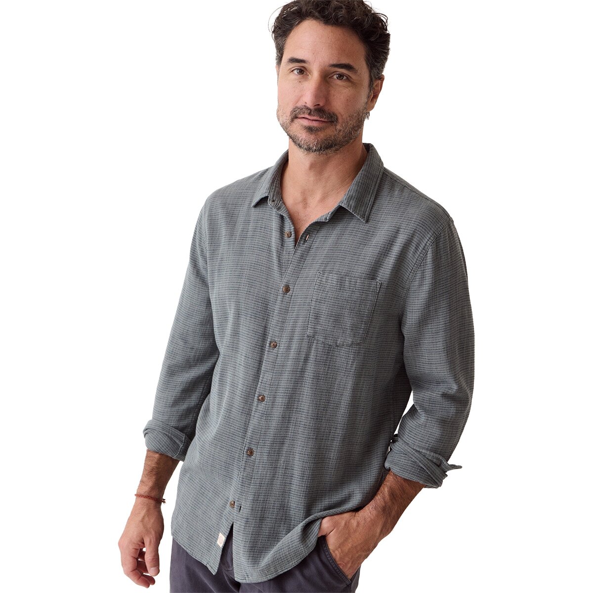 Image of Marine Layer Classic Stretch Selvage Gingham Long-Sleeve Shirt - Men's Balsam Mini Stripe, L