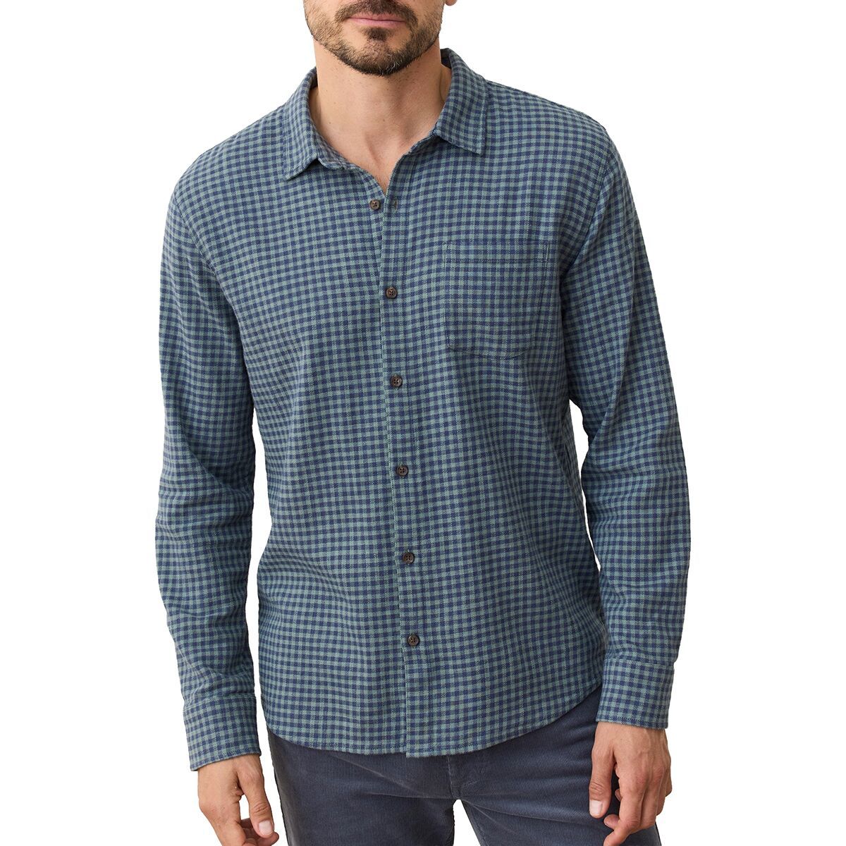 Image of Marine Layer Classic Stretch Selvage Gingham Long-Sleeve Shirt - Men's Green/Navy Gingham, S