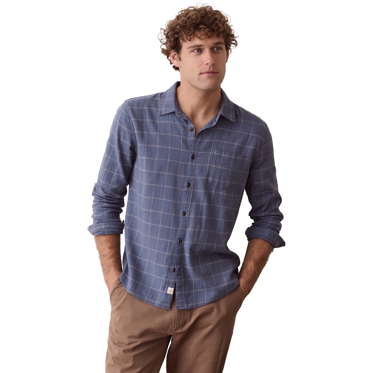 Image of Marine Layer Classic Stretch Selvage Gingham Long-Sleeve Shirt - Men's Navy Windowpane, M