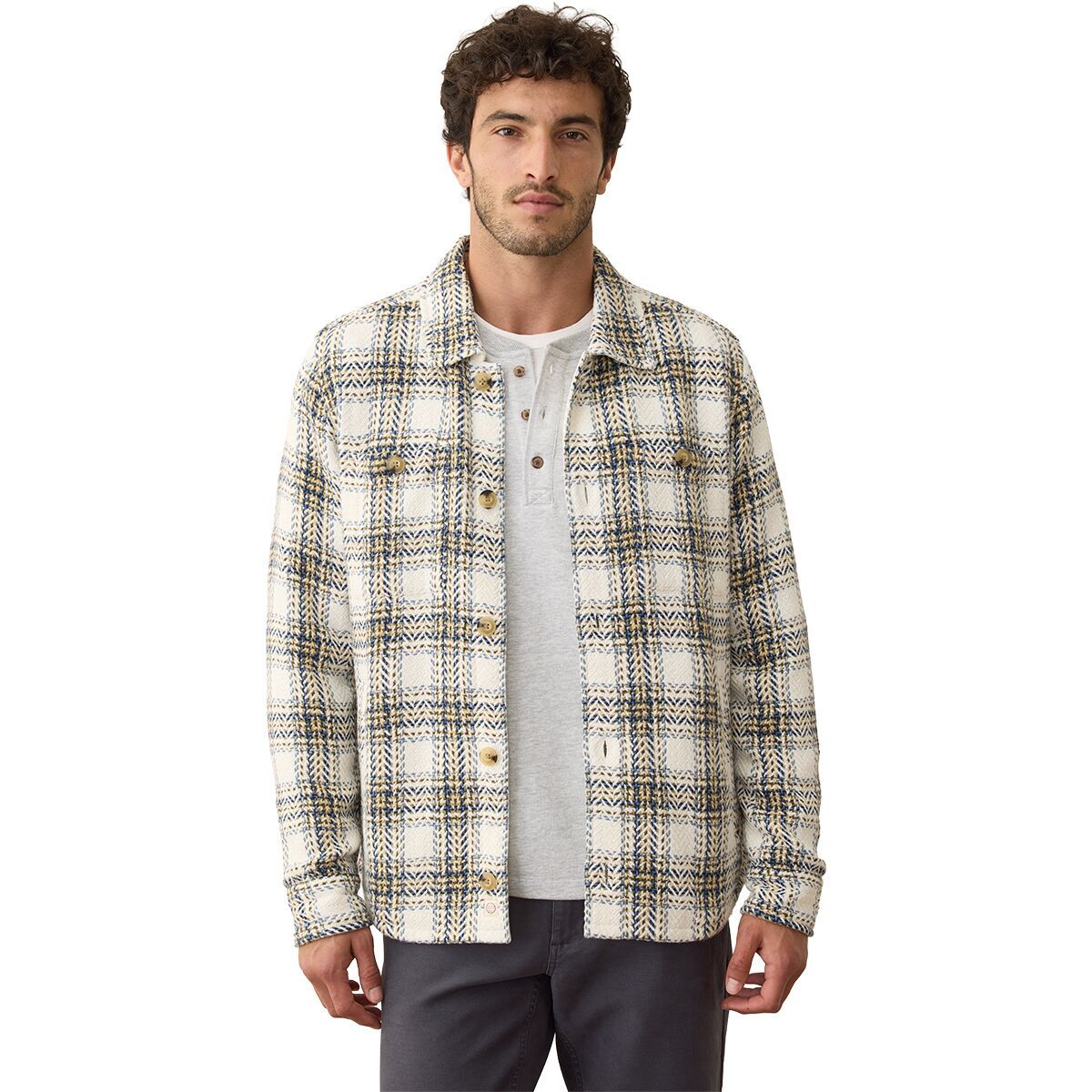 Image of Marine Layer Max Herringbone Overshirt - Men's Natural/Blue Plaid, XXL