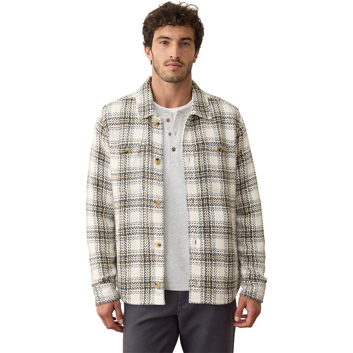 Marine Layer Marine Layer Max Herringbone Overshirt - Men's Natural/Blue Plaid, M