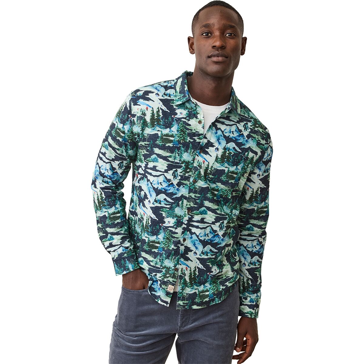 Image of Marine Layer Novelty Brushed Stretch Selvage Shirt - Men's Navy Ski Print, M