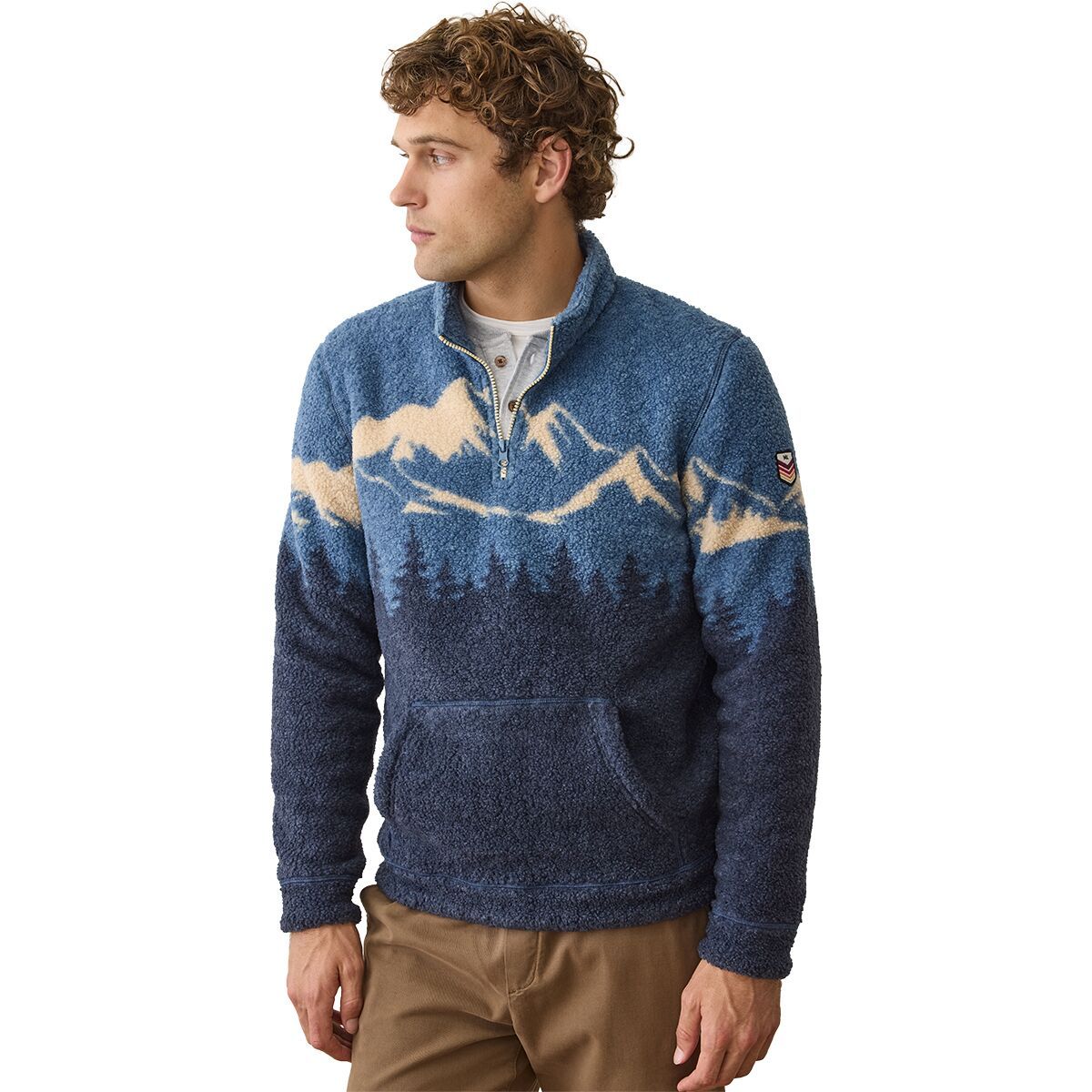 Image of Marine Layer Novelty Sherpa Pullover - Men's Blue Mountain Scene, L
