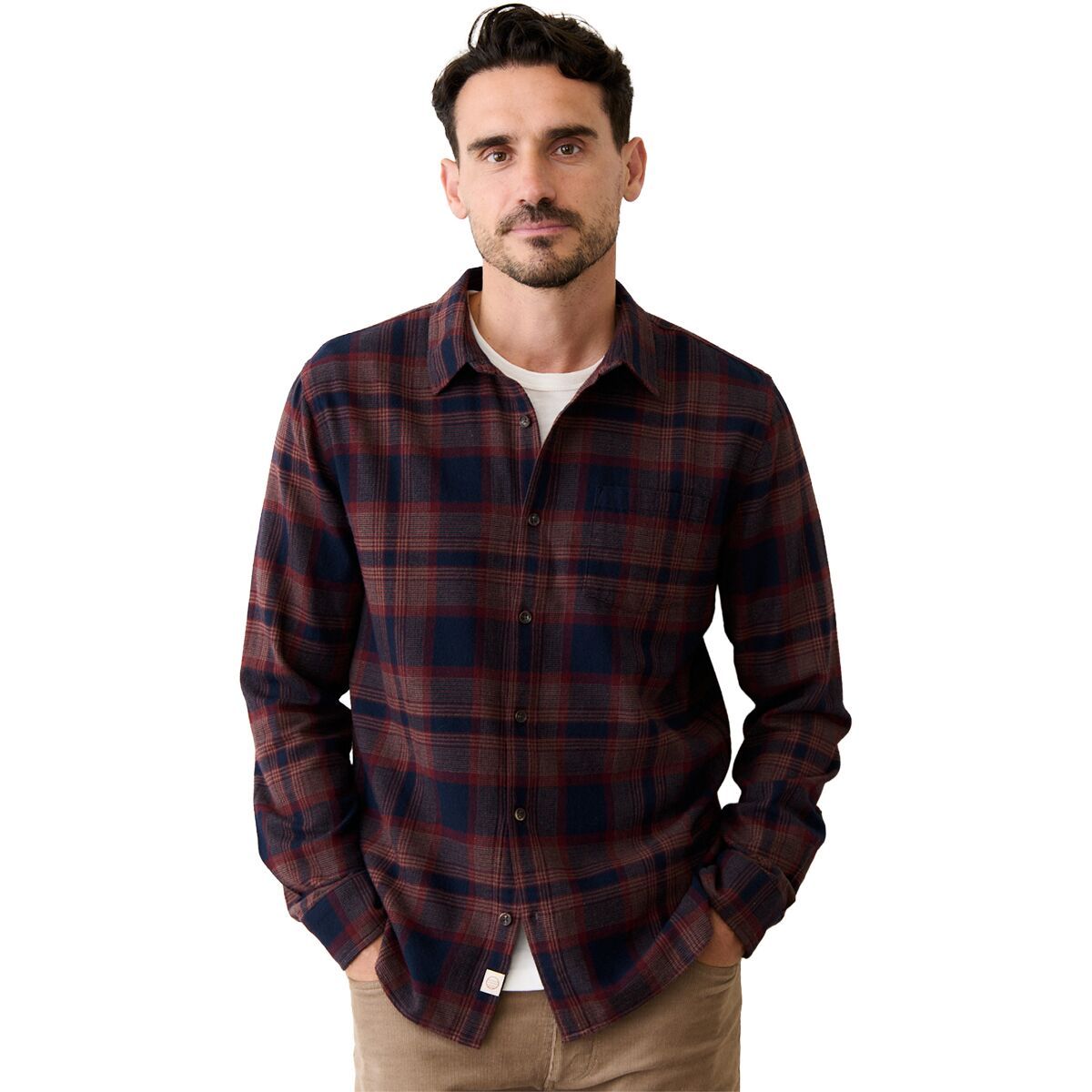 Image of Marine Layer Pacifica Stretch Shirt - Men's Navy/Burgundy Plaid, S