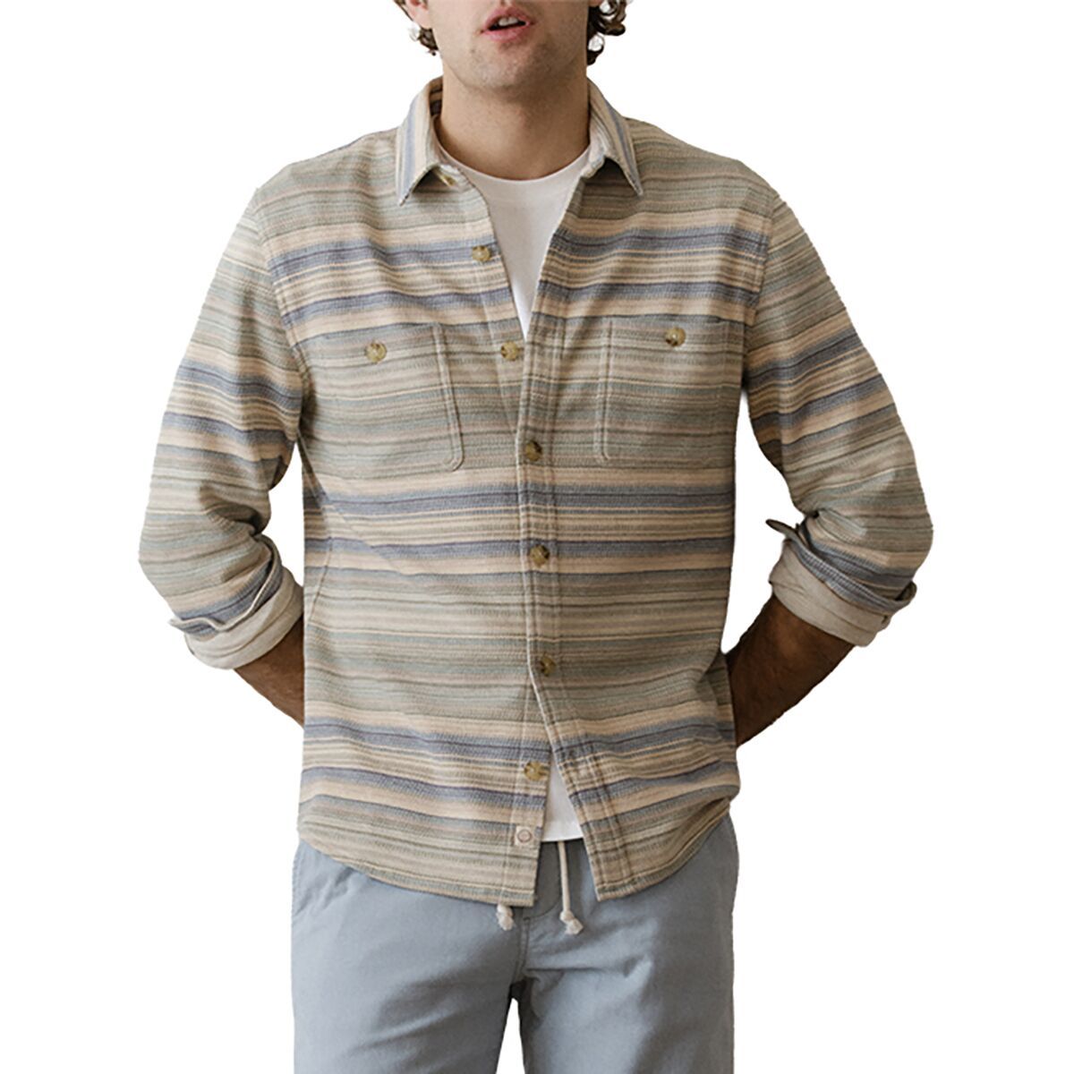 Image of Marine Layer Pacifica Stretch Twill Overshirt - Men's Blue/Green Baja Stripe, M