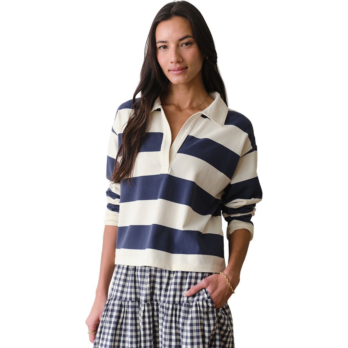 Image of Marine Layer Cloud 9 Jersey Long-Sleeve Polo - Women's Navy/White Stripe, L