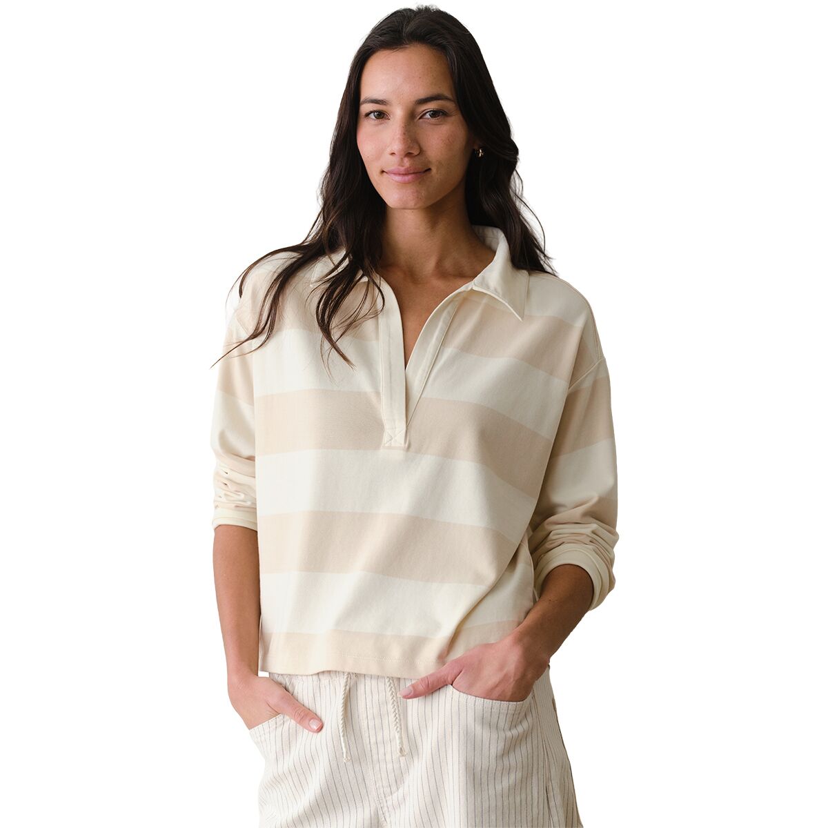 Marine Layer Marine Layer Cloud 9 Jersey Long-Sleeve Polo - Women's Tonal White Stripe, S