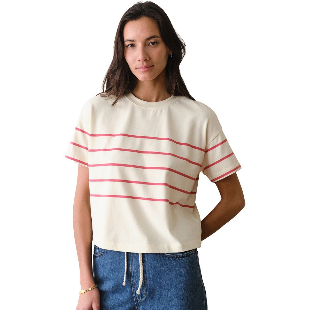 Image of Marine Layer Cloud 9 Jersey Stripe Crew T-Shirt - Women's Red/White Stripe, XL