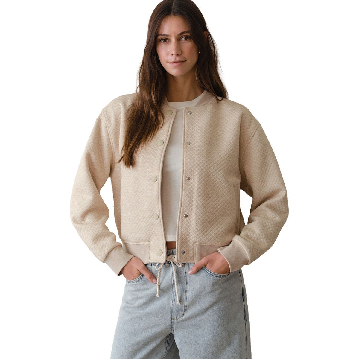 Image of Marine Layer Corbet Small Quilting Bomber - Women's Oatmeal Heather, XS