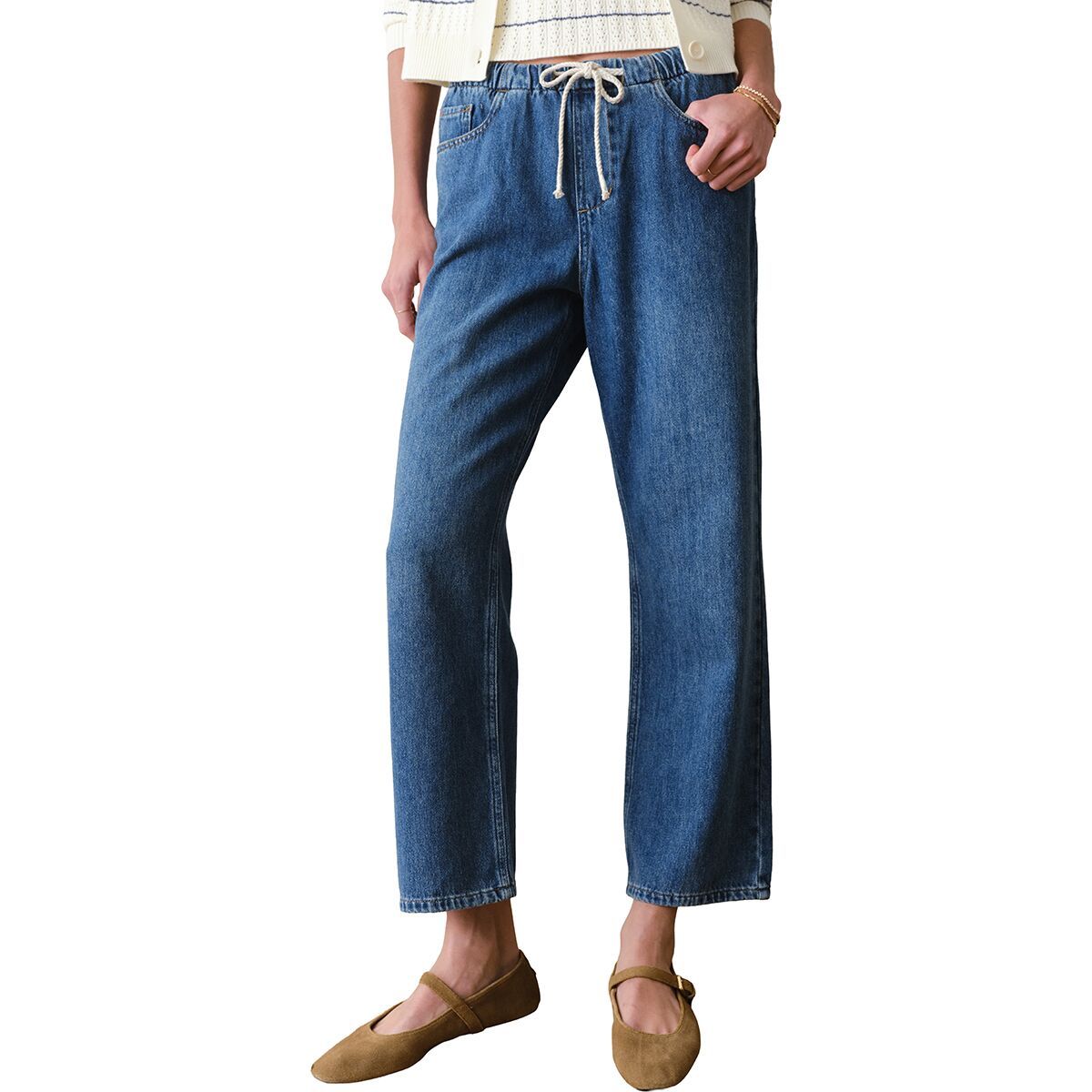 Image of Marine Layer Denim Drawstring Straight Leg Pant - Women's Medium Wash, XS