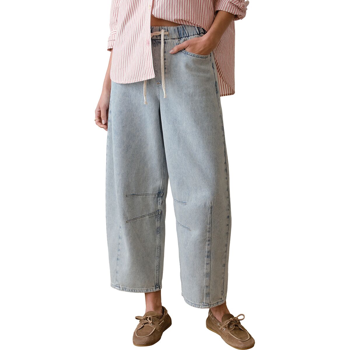 Image of Marine Layer Drawstring Denim Barrel Pant - Women's Light Wash, L