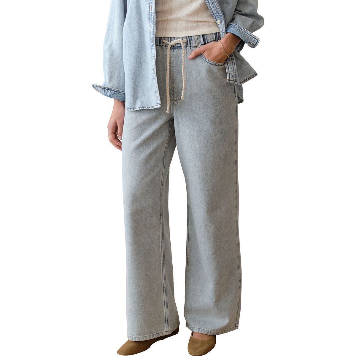 Image of Marine Layer Drawstring Denim Wide Leg Pant - Women's Light Wash, L