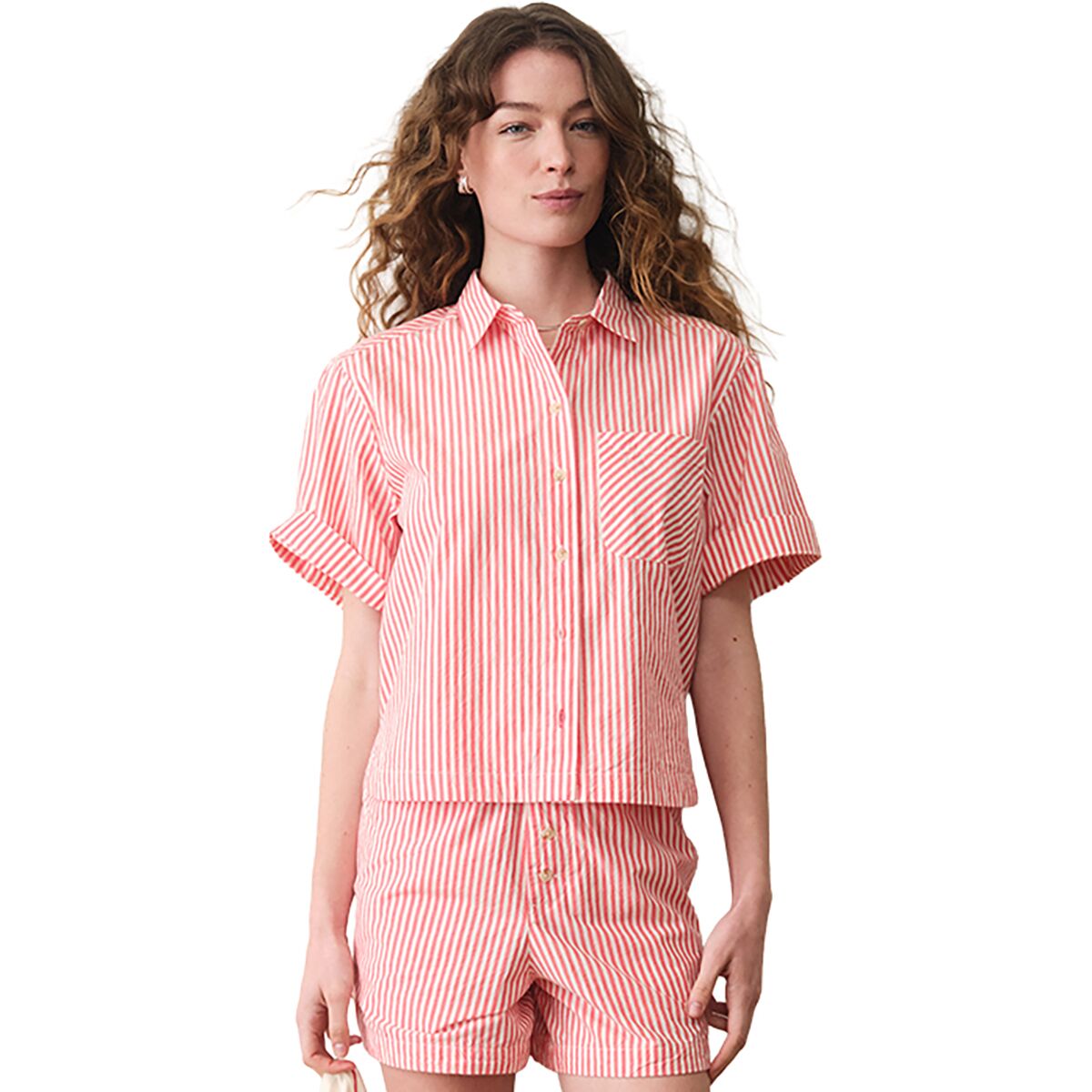 Image of Marine Layer Jordie Poplin Shirt - Women's Red Stripe, XL