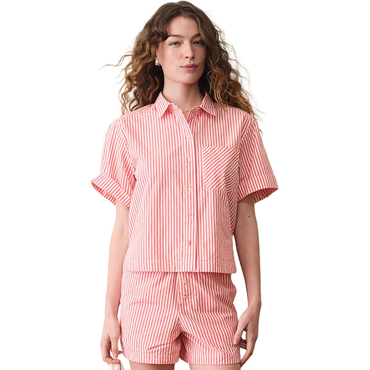 Image of Marine Layer Jordie Poplin Shirt - Women's Red Stripe, S