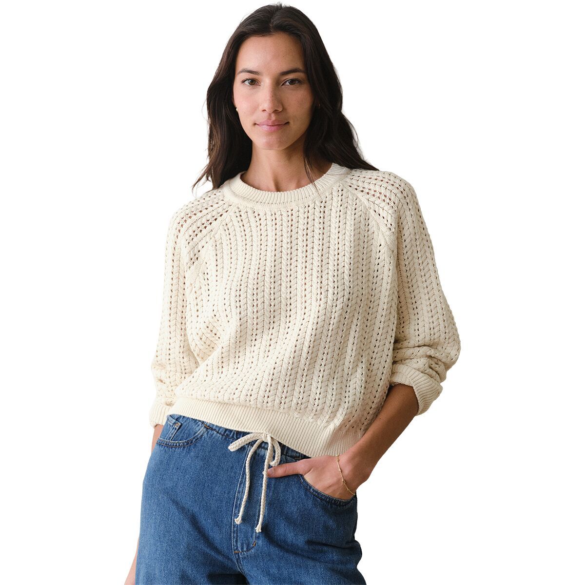 Image of Marine Layer Textured Stitch Crewneck Sweater - Women's Cream, M