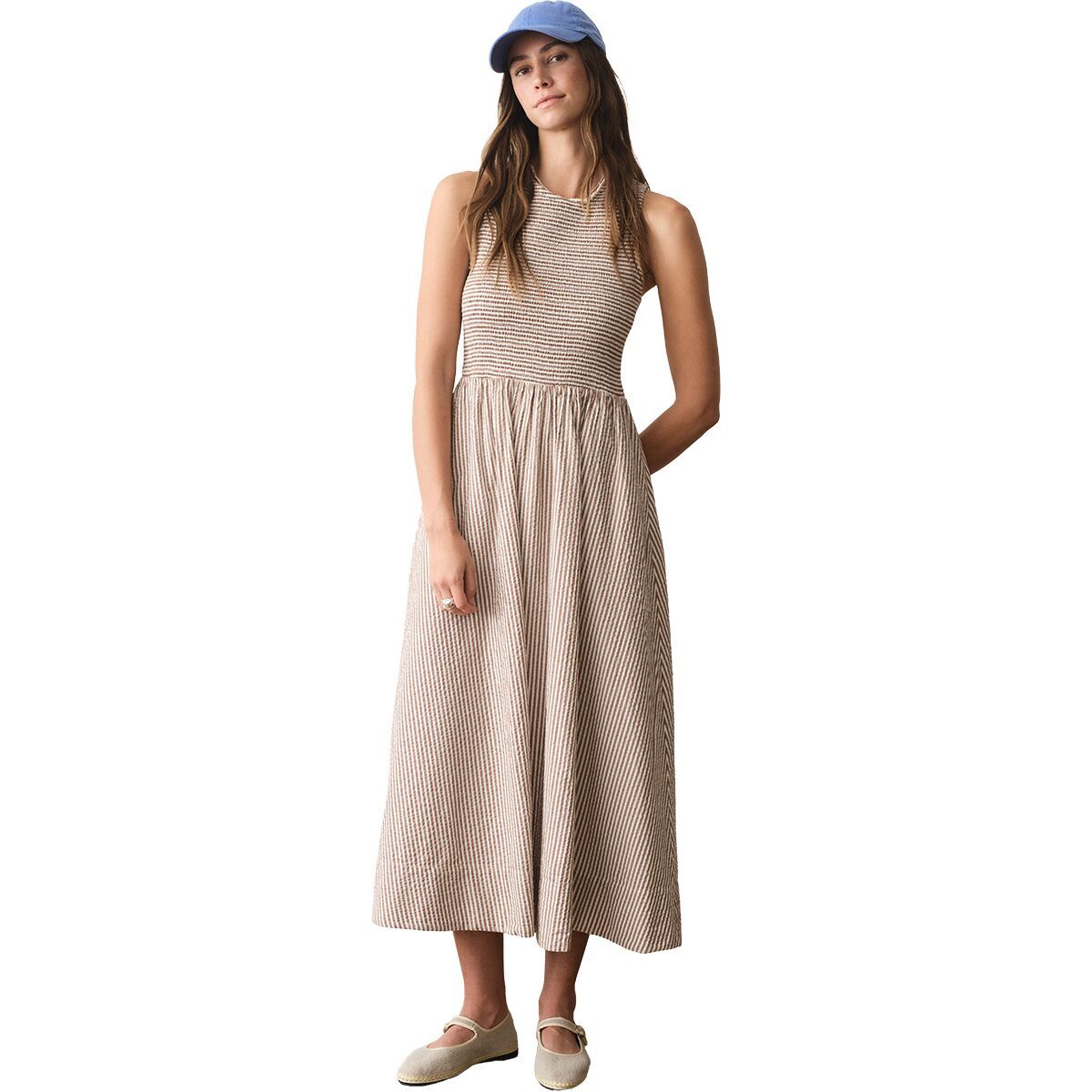 Image of Marine Layer Darcy Seersucker Maxi Dress - Women's Mocha Stripe, XS