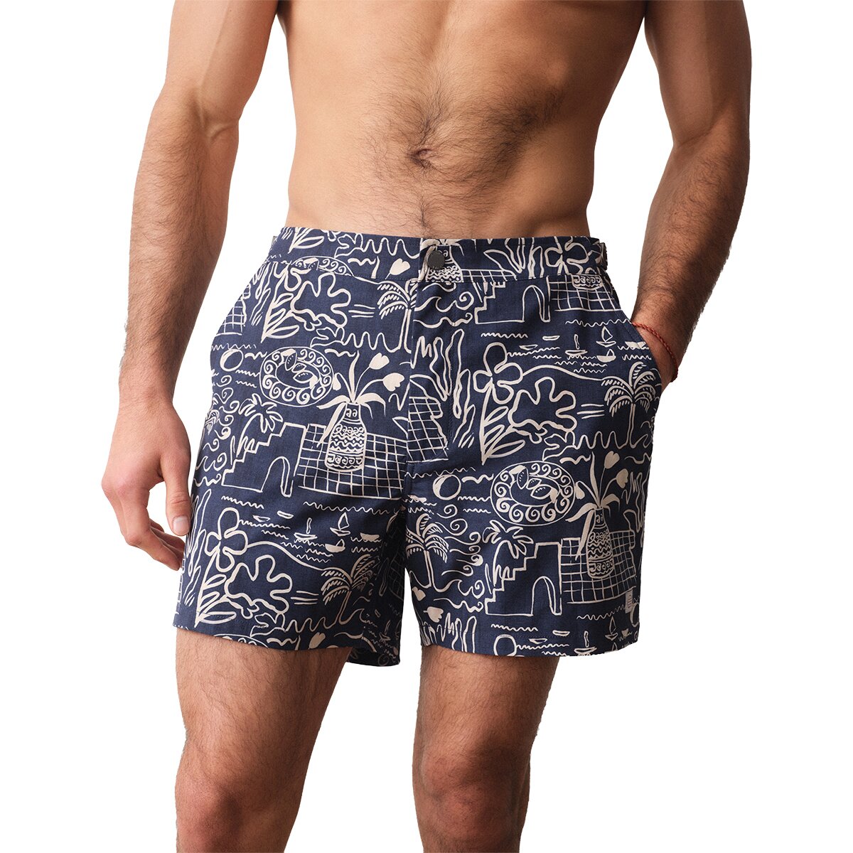 Image of Marine Layer Tailored 5in Swim Trunk - Men's Navy/White Island Motif, 32