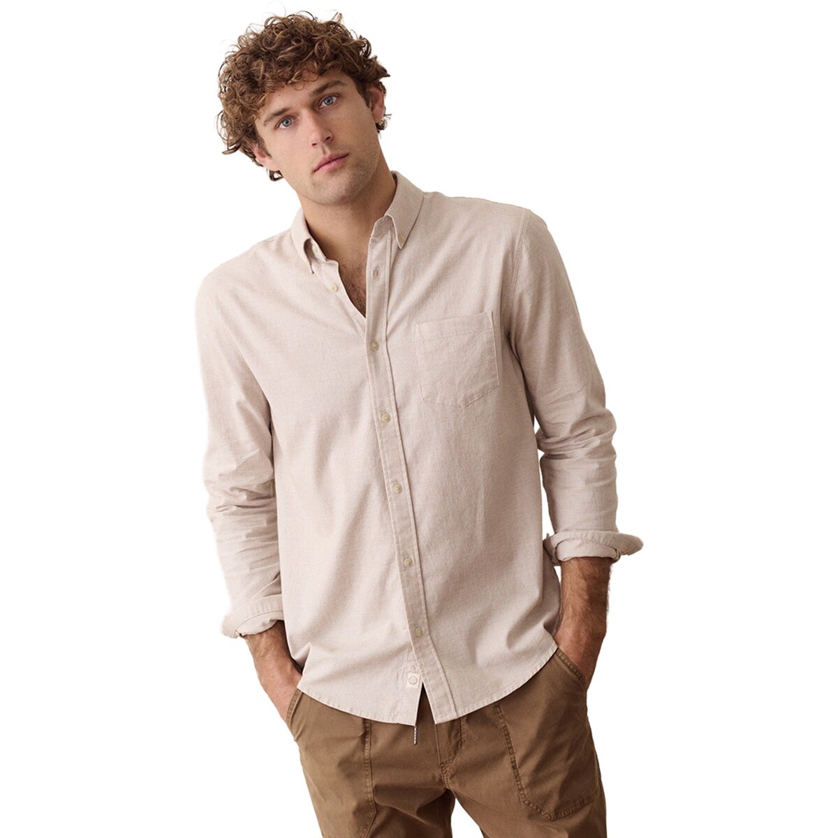 Image of Marine Layer California Oxford Long-Sleeve Shirt - Men's Taupe Houndstooth, XXL