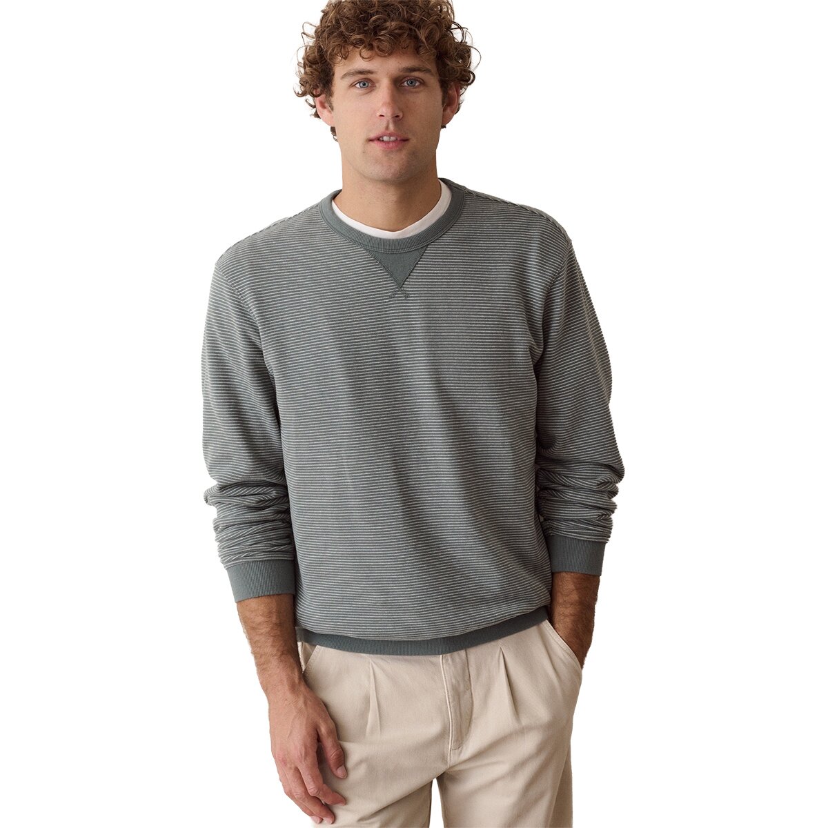 Image of Marine Layer Relaxed Cloud 9 Terry Crewneck Sweatshirt - Men's Balsam Green Stripe, L
