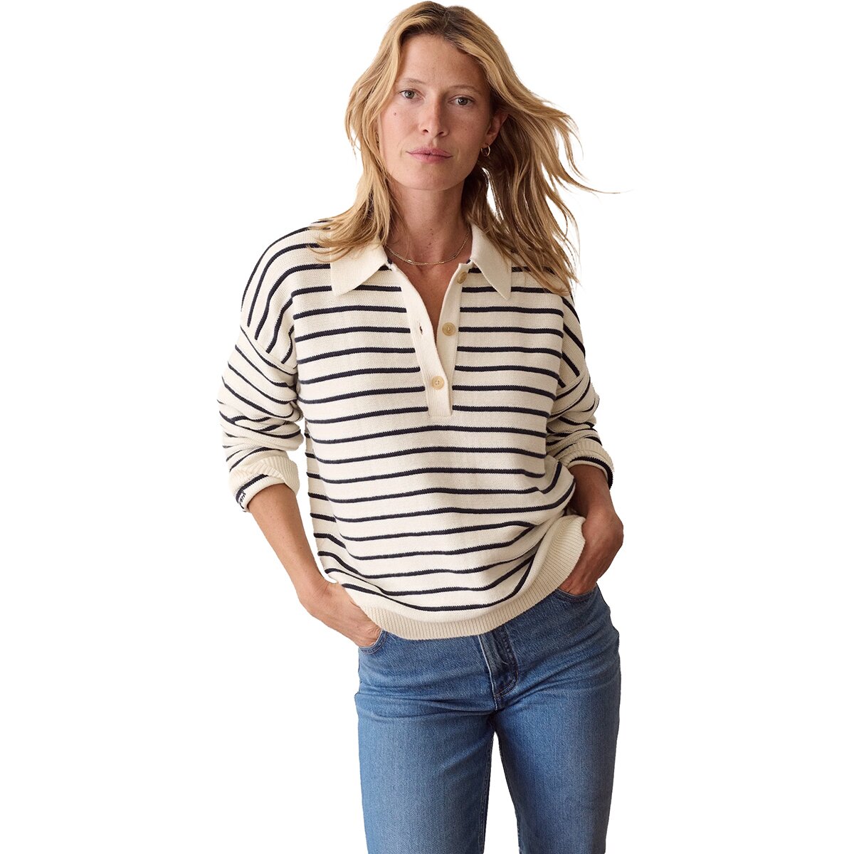 Image of Marine Layer Valarie Polo Sweater - Women's Antique White/Navy Stripe, XS