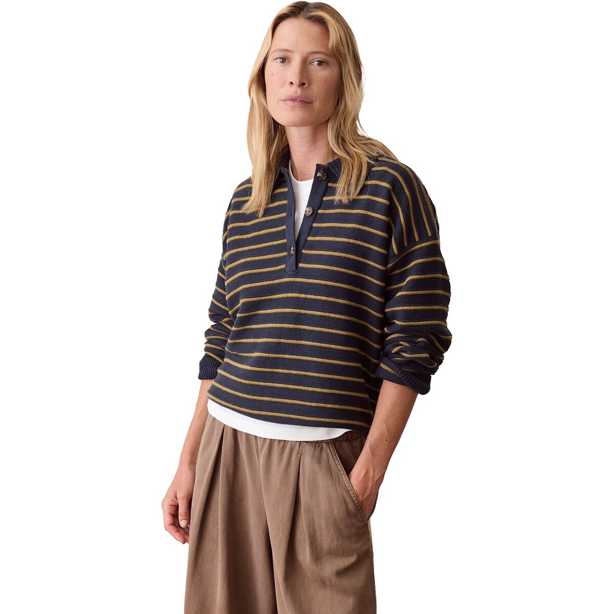 Image of Marine Layer Valarie Polo Sweater - Women's Navy/Green Stripe, XS