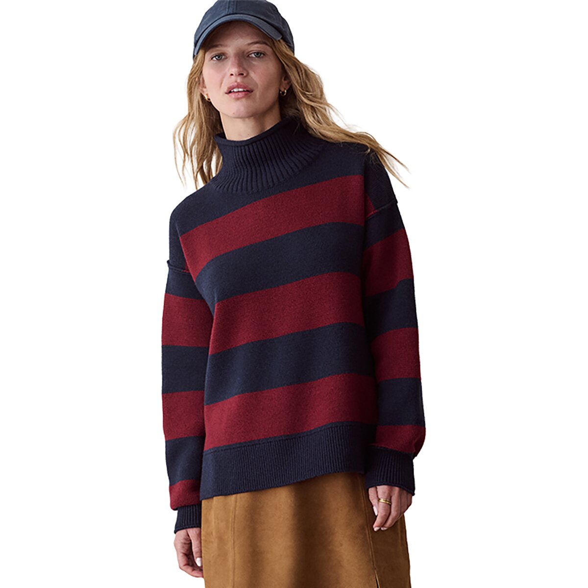 Image of Marine Layer Mid Gauge Rugby Rollneck Top - Women's Cabernet/Navy Stripe, S