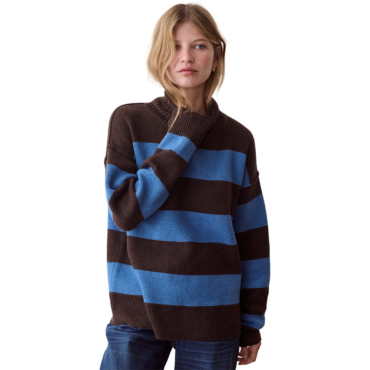 Image of Marine Layer Mid Gauge Rugby Rollneck Top - Women's Chocolate/Coronet Stripe, XS