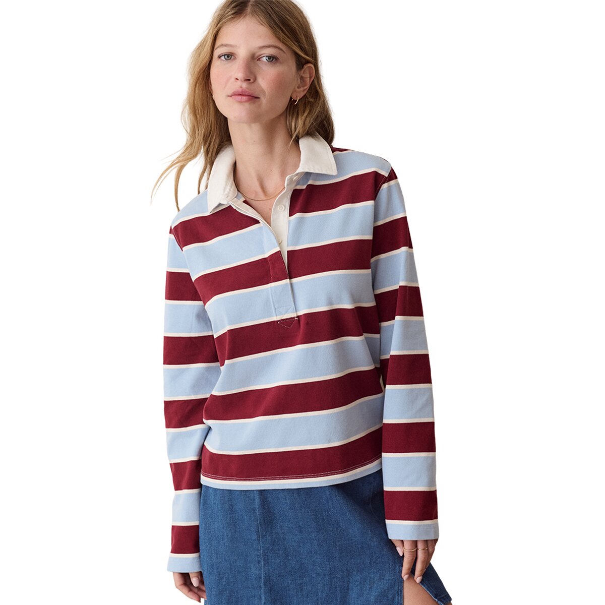 Marine Layer Miracle Jersey Long-Sleeve Polo - Women's Blue/Cabernet Stripe, XL